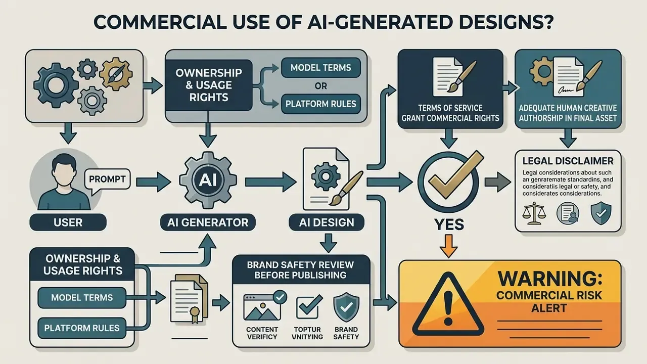 Flowchart outlining legal and safety considerations for the commercial use of generated assets