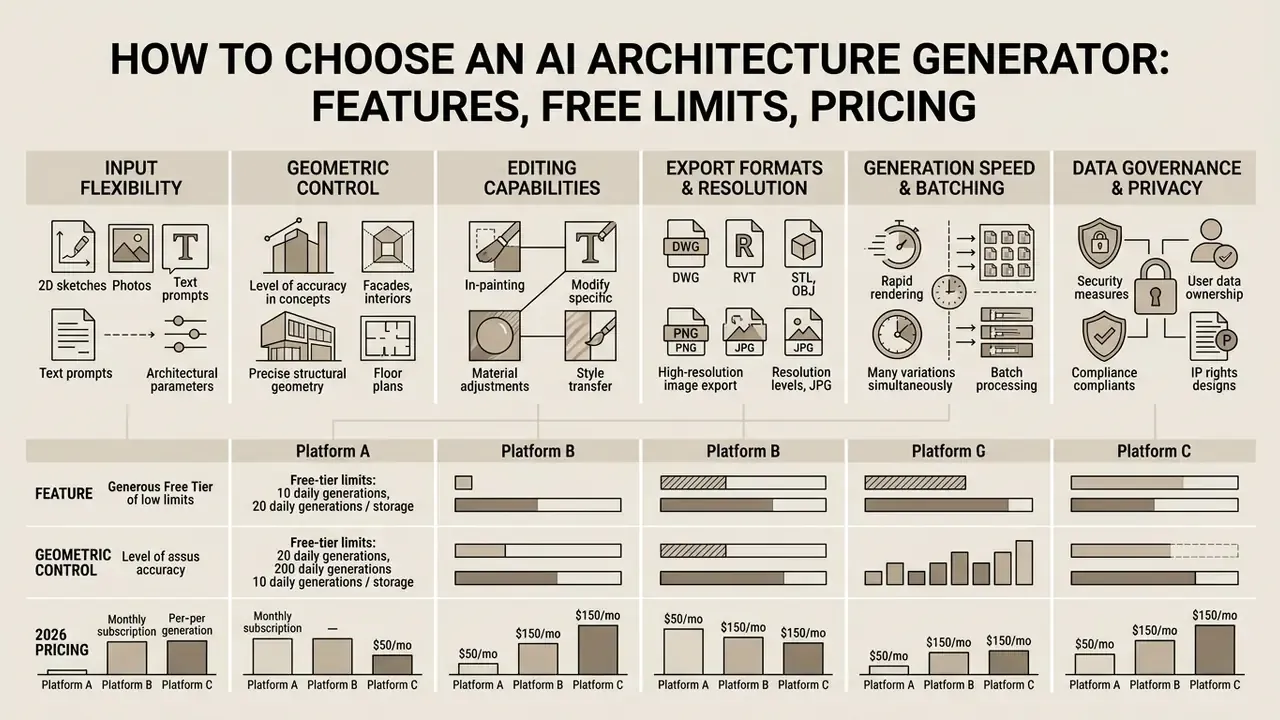 Comparative table of six technical criteria for software platforms including pricing and usage limits