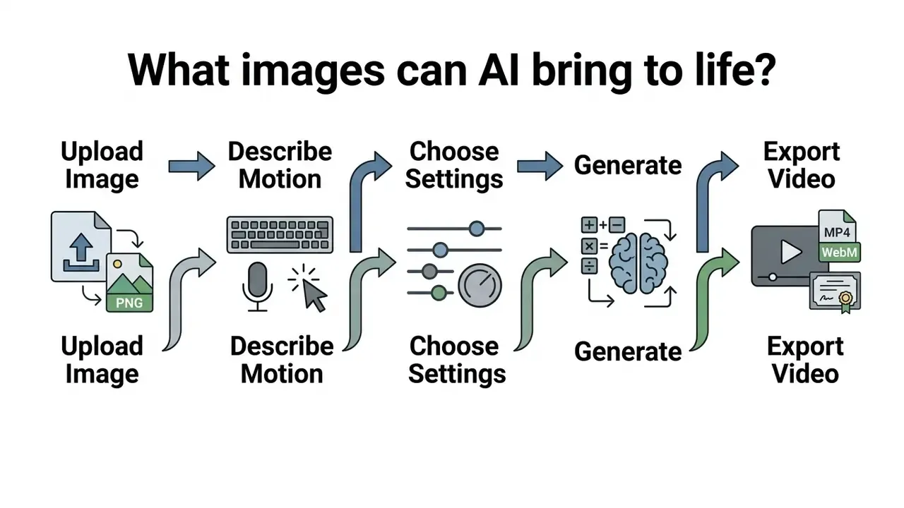 ai animated image generator workflow from still photo to exported clip