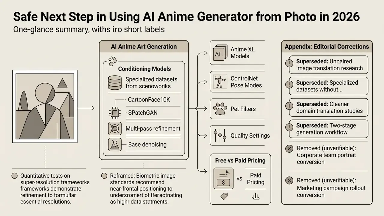 Flowchart showing AI anime generation models alongside a list of superseded editorial statements