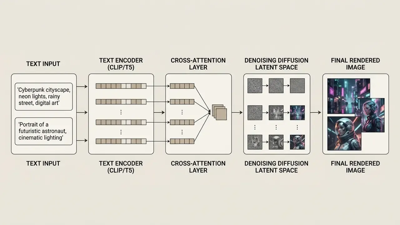 Flowchart showing how text prompts are encoded and processed through diffusion to create rendered images