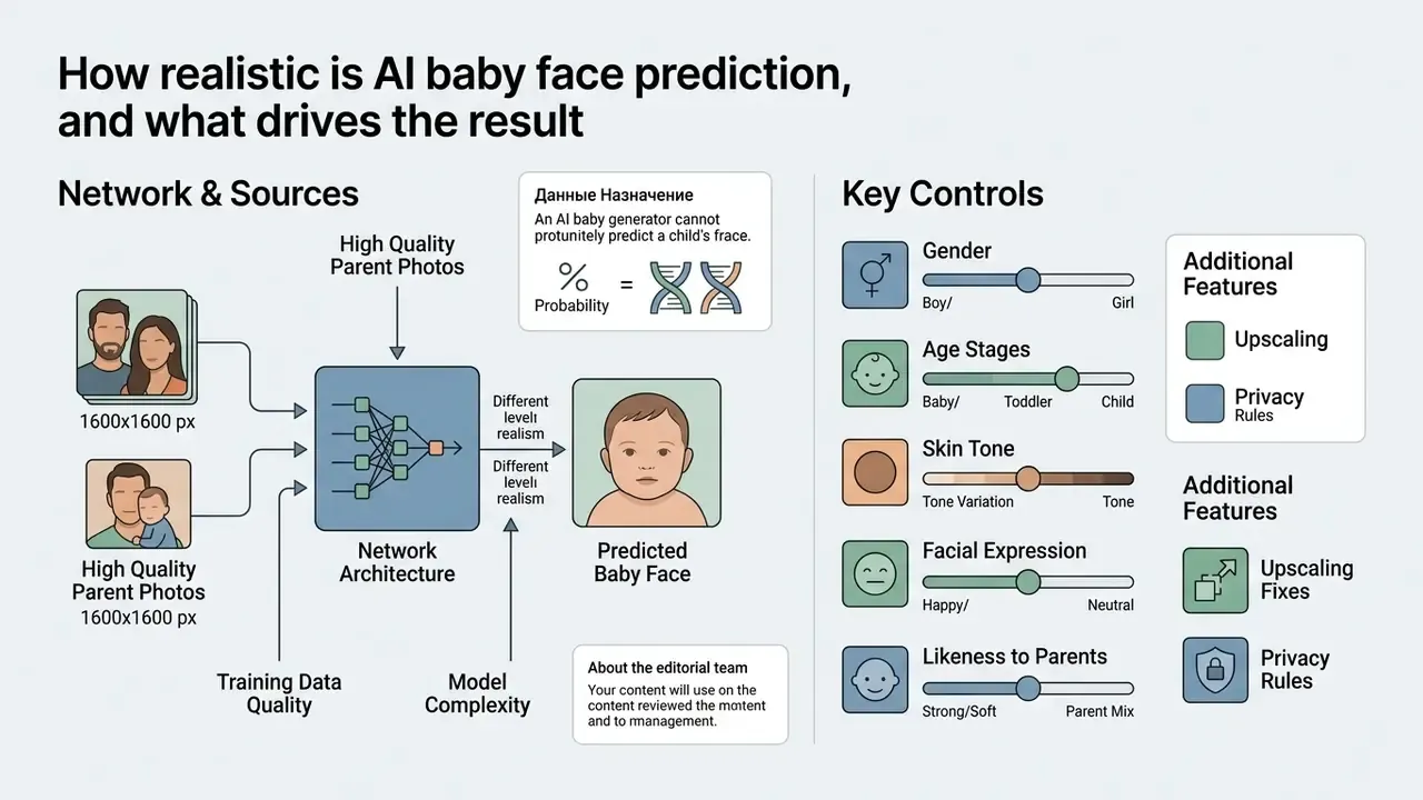 Diagram showing neural network inputs for child face generation and user adjustment sliders for various traits