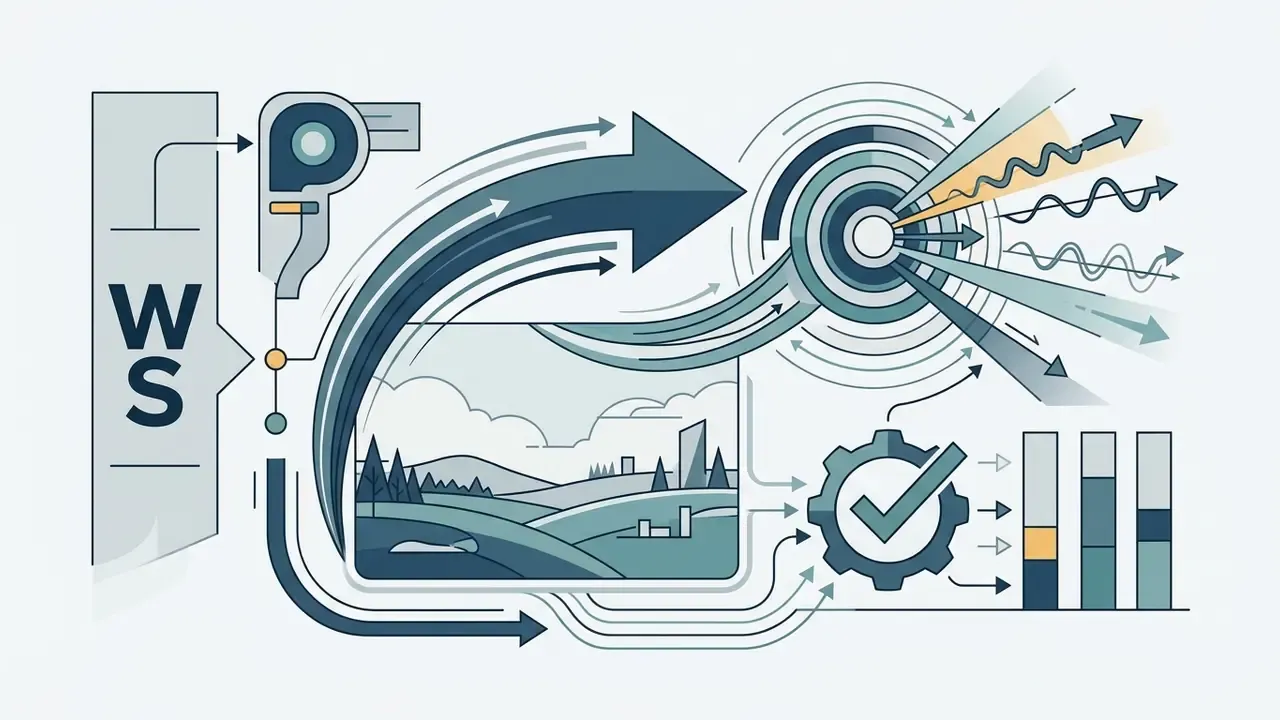 Wide shot label connected to a landscape graphic with motion arrows, a gear icon, and data bar charts