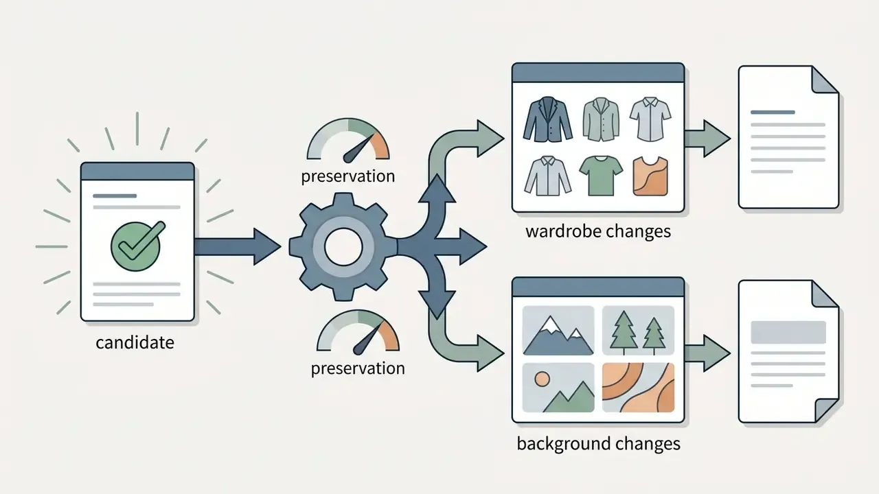 Process showing a candidate file passing through a gear mechanism to generate wardrobe and background variations