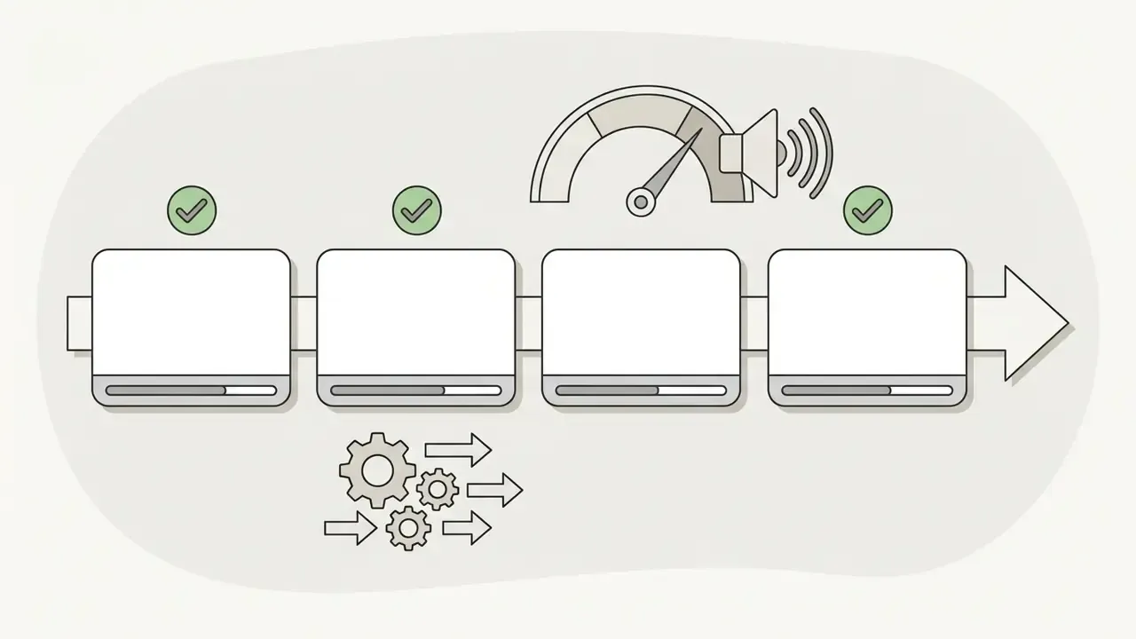 Sequence of four video frames with progress bars and a volume gauge indicating a check of audio levels