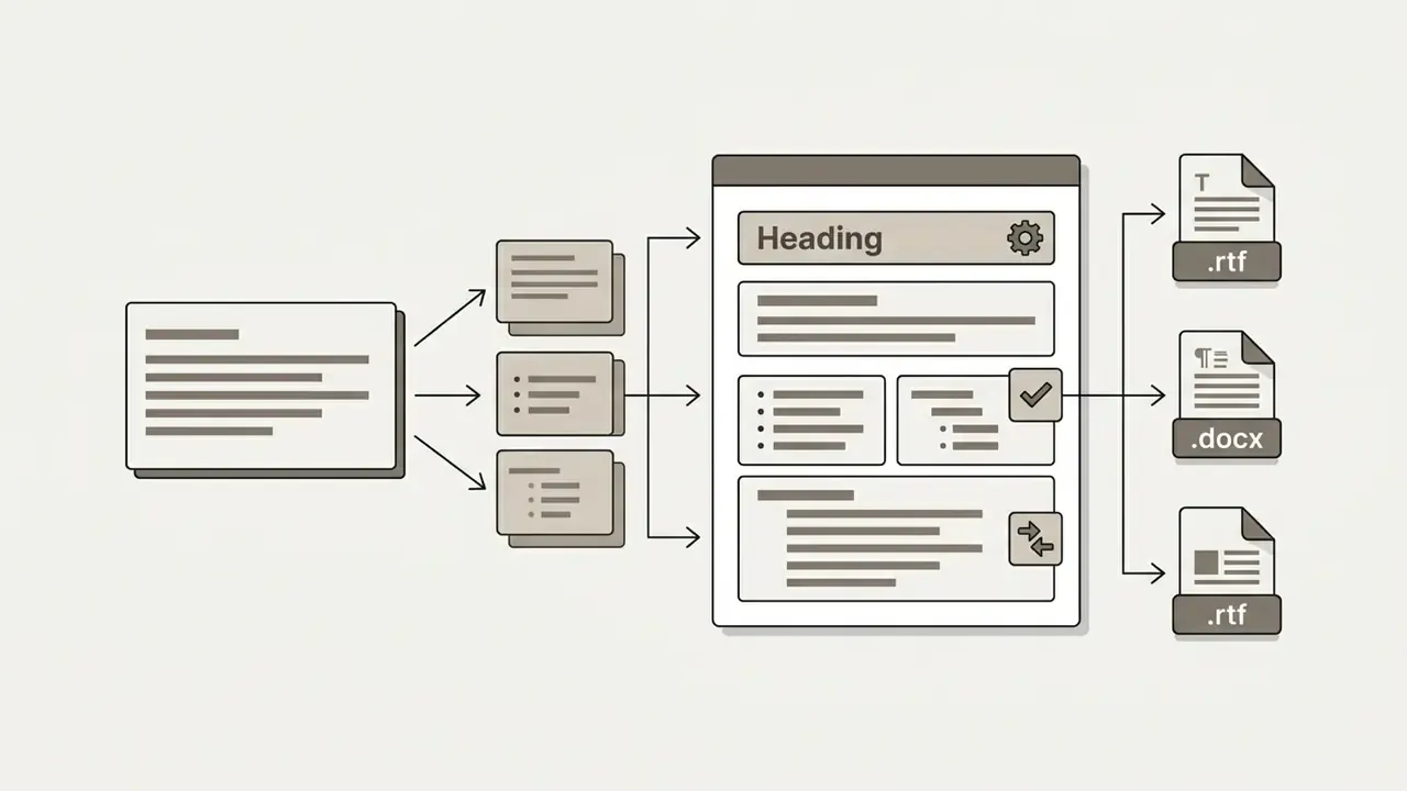 Document processing flow showing text extraction into structured file formats like .docx and .rtf