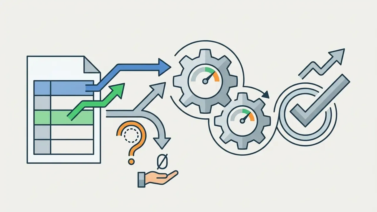 Table rows feeding into a gear mechanism that filters inputs into a success checkmark and growth trend