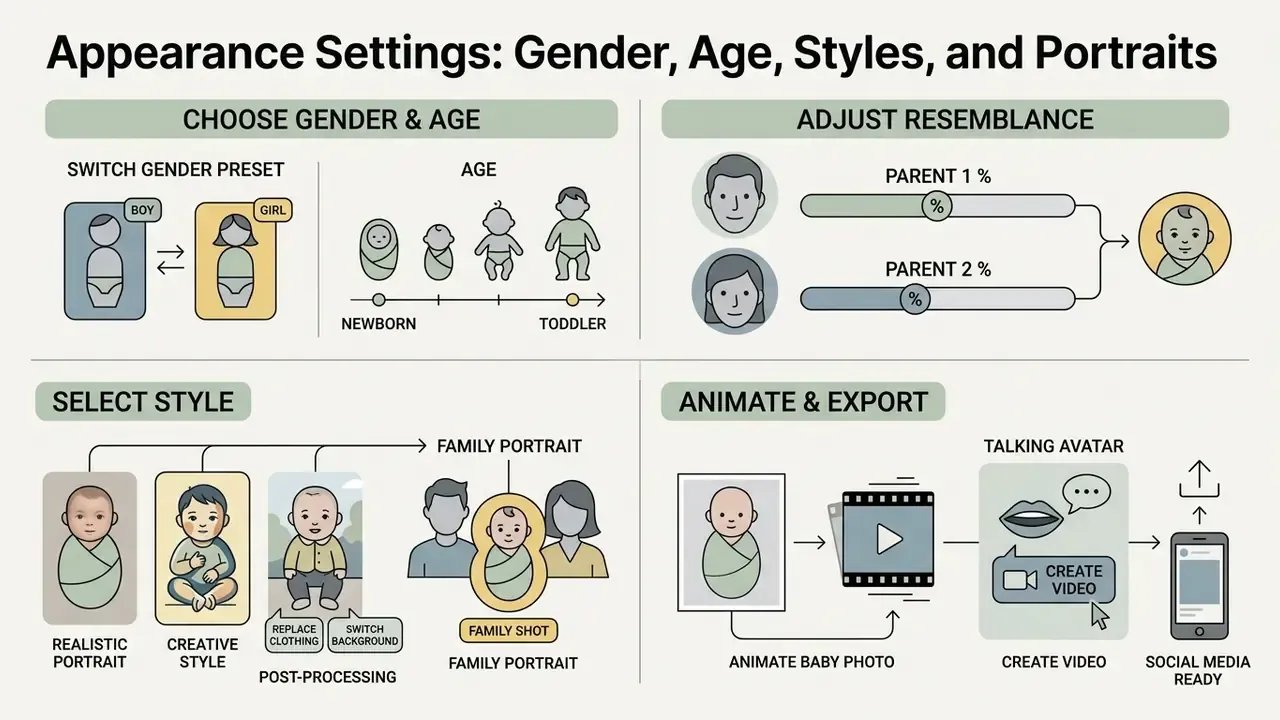 Four-part guide showing how to customize baby portraits, adjust parent resemblance, and animate videos