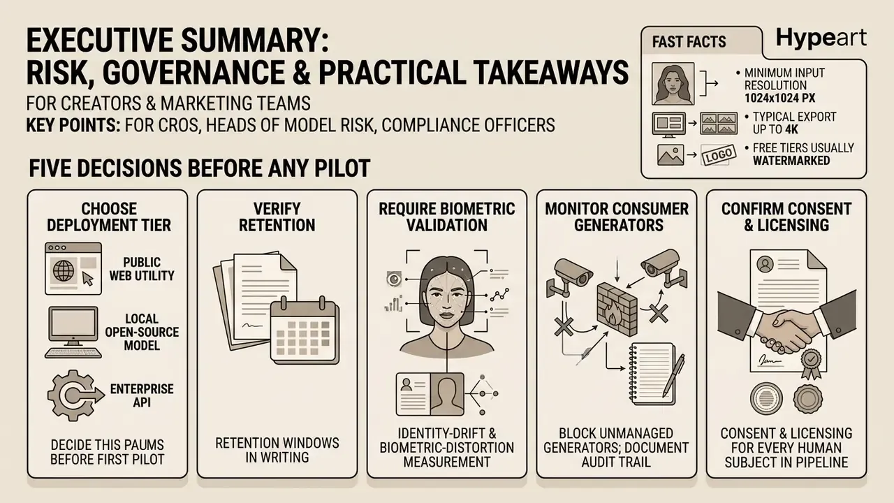 Infographic outlining five key governance and risk decisions for creators using AI generation tools
