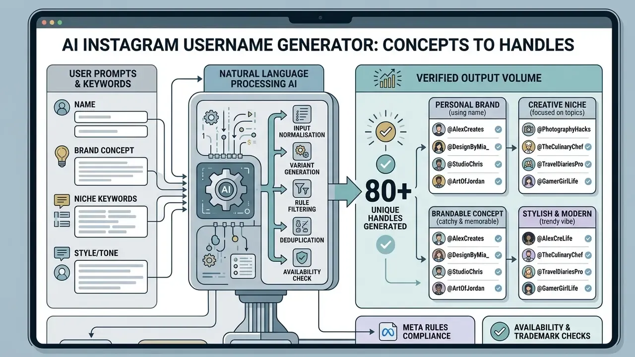 Flowchart showing how an AI Instagram username generator processes user prompts into unique handle suggestions