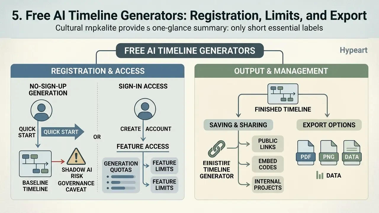 Flowchart comparing registration access methods with output and export options for timeline tools