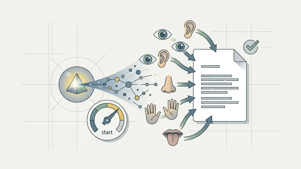 Prism and gauge feeding sensory icons into a text document to represent narrative generation