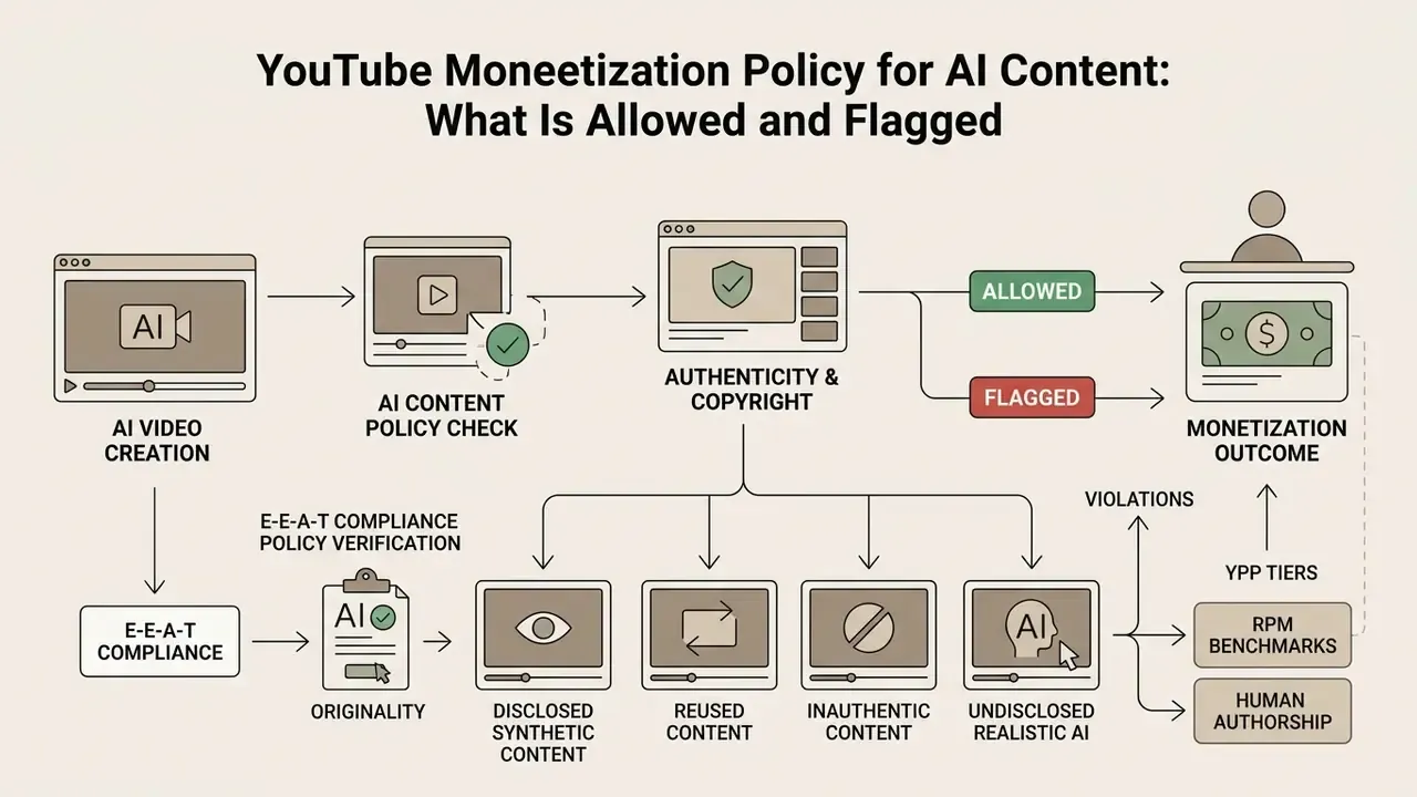 Diagram showing the workflow for evaluating AI video compliance, originality, and monetization outcomes