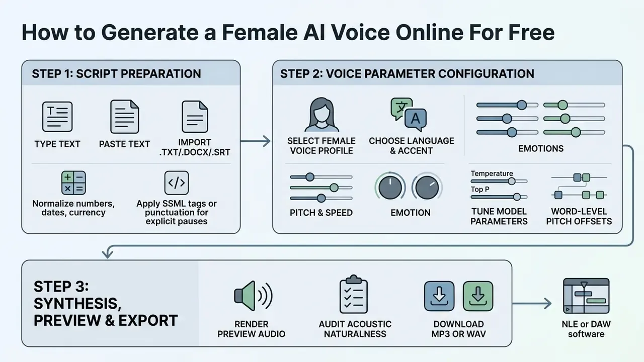 Three-step diagram detailing the process to create an AI female voice starting with script preparation