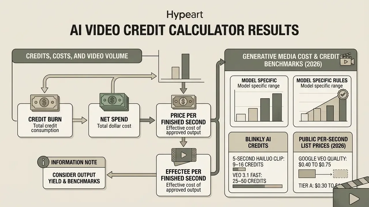 Diagram linking credit burn and net spend to finished output costs alongside generative media benchmarks