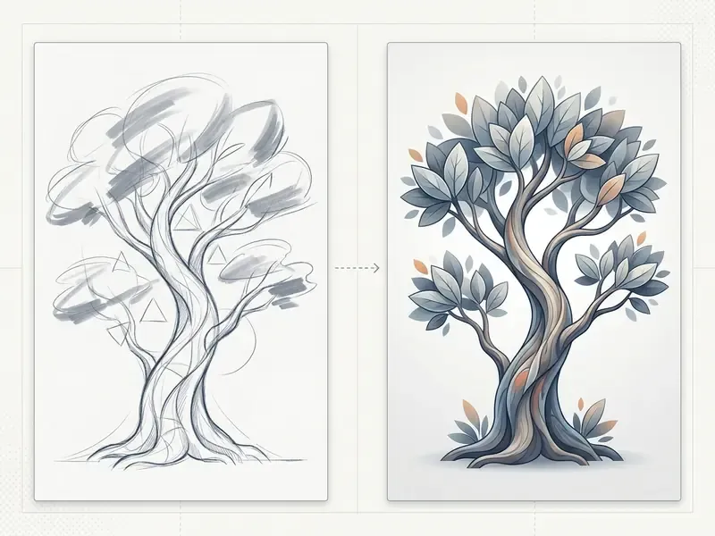 Side-by-side view of a rough pencil sketch of a tree next to its finished, stylized digital rendering