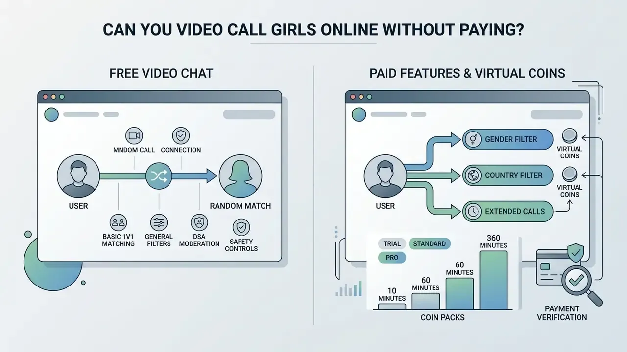 Infographic comparing free random video chat options with paid features and virtual coin packages
