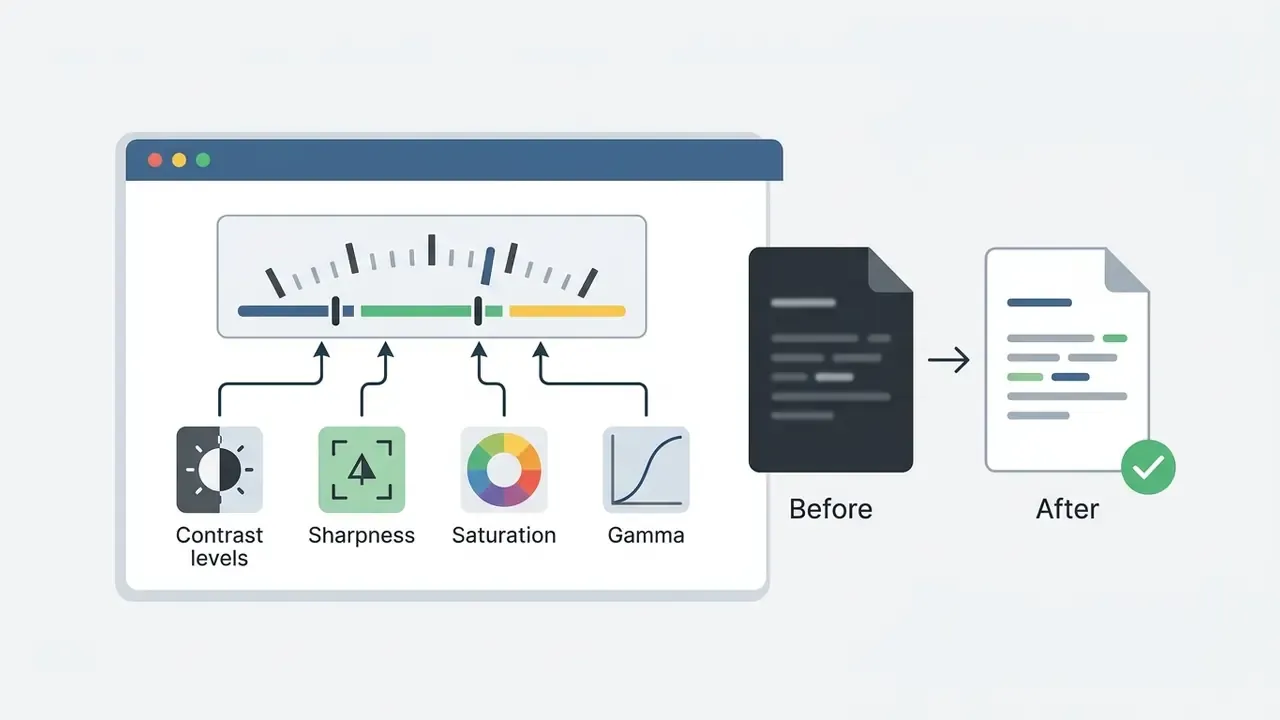 Icons for contrast, sharpness, saturation, and gamma feeding into a gauge that clarifies a dark document