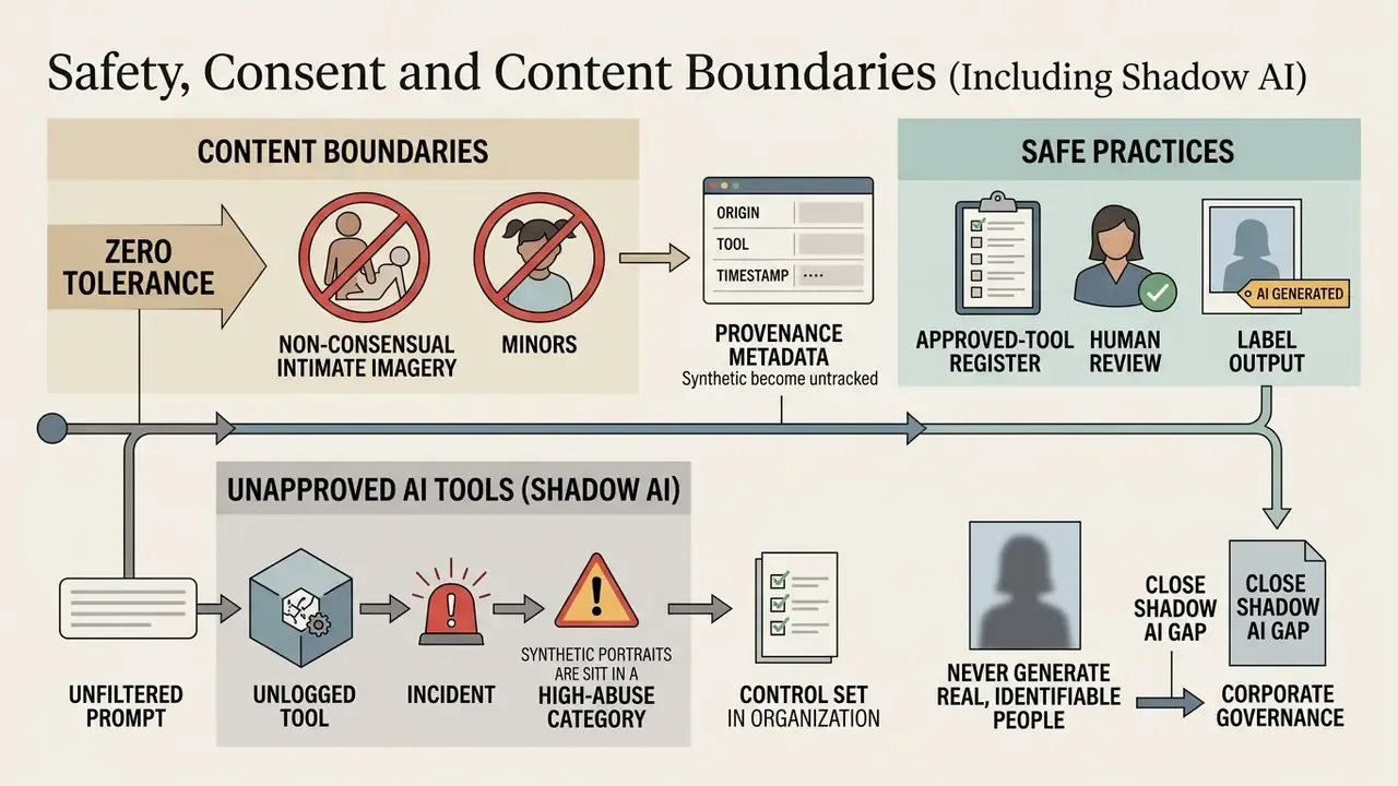 Infographic flowchart contrasting safe generative practices with the risks of unapproved AI tools