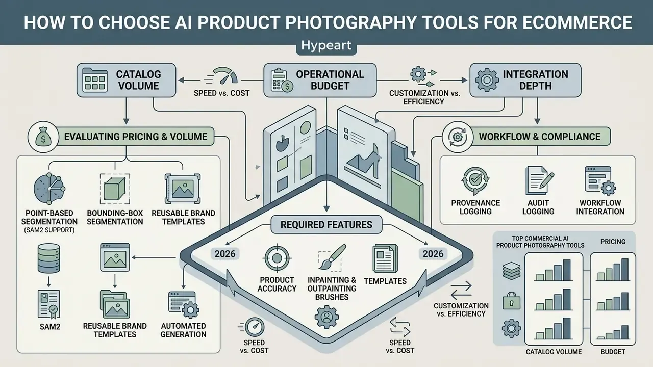 Flowchart outlining key criteria for selecting AI product photography tools for ecommerce