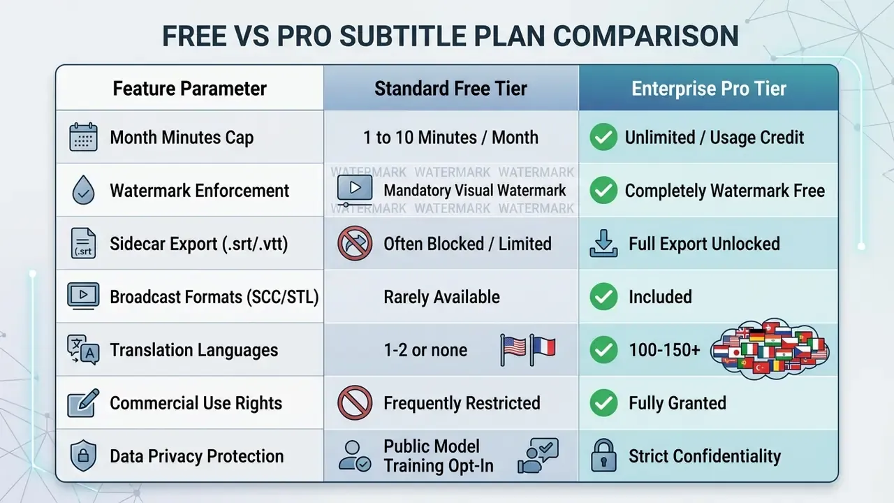 Comparison table contrasting features and limitations of free versus enterprise subscription plans