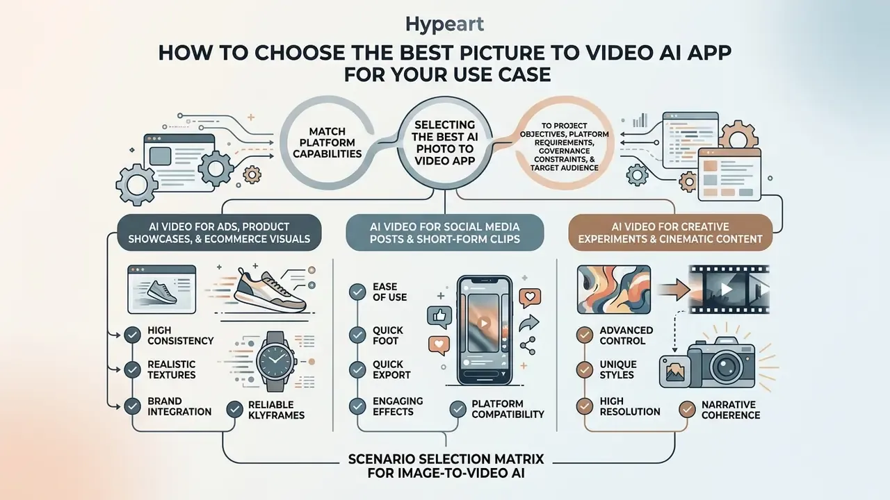 Decision matrix diagram outlining how to select the best picture to video AI app for various content goals