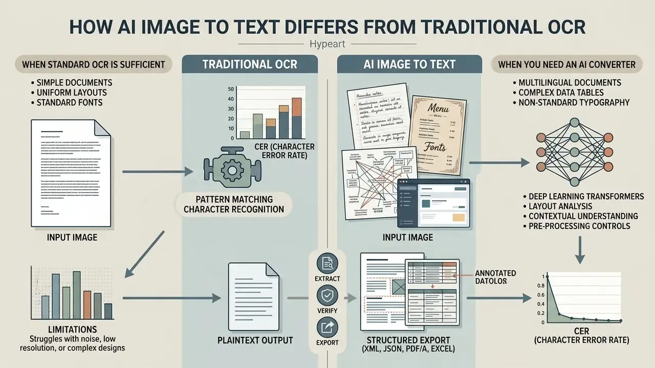 Comparison chart contrasting traditional pattern matching OCR with advanced deep learning workflows