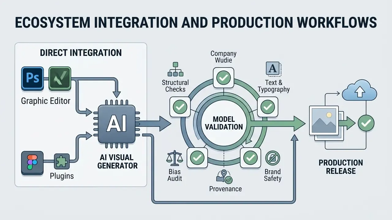 Workflow showing graphic editor integration, model validation checks, and final production release