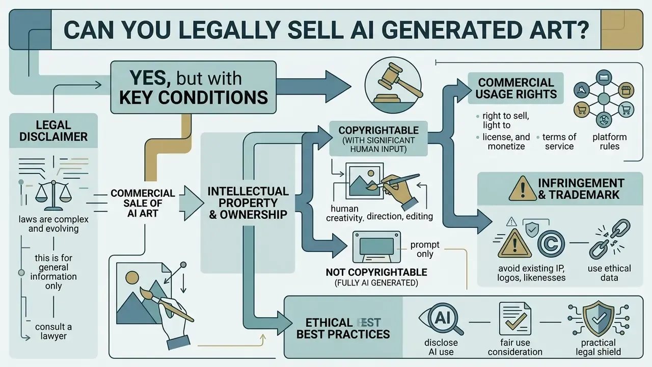 Flowchart outlining legal considerations, copyright requirements, and ethical practices for selling AI generated art