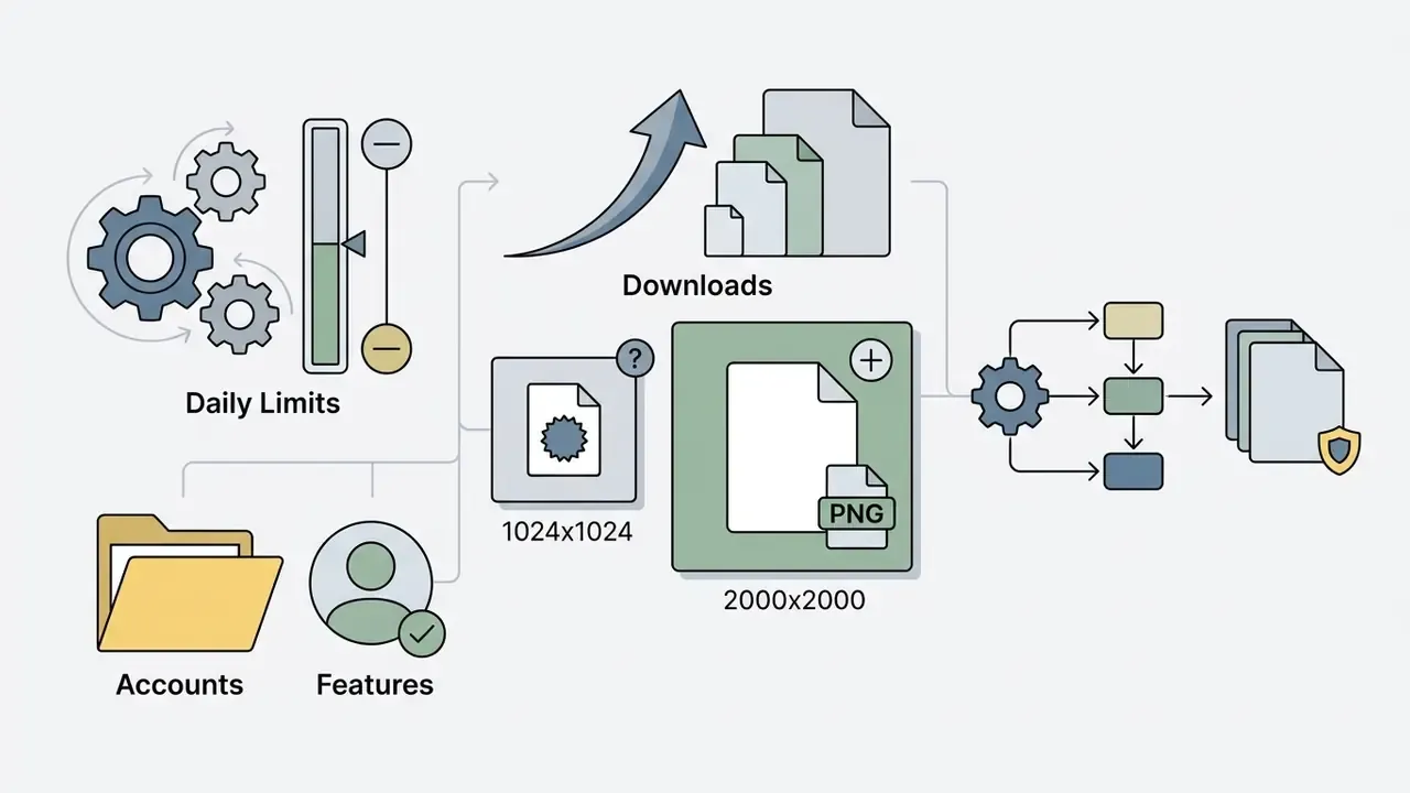 Process flow showing how account limits and feature tiers affect image download resolutions and file exports