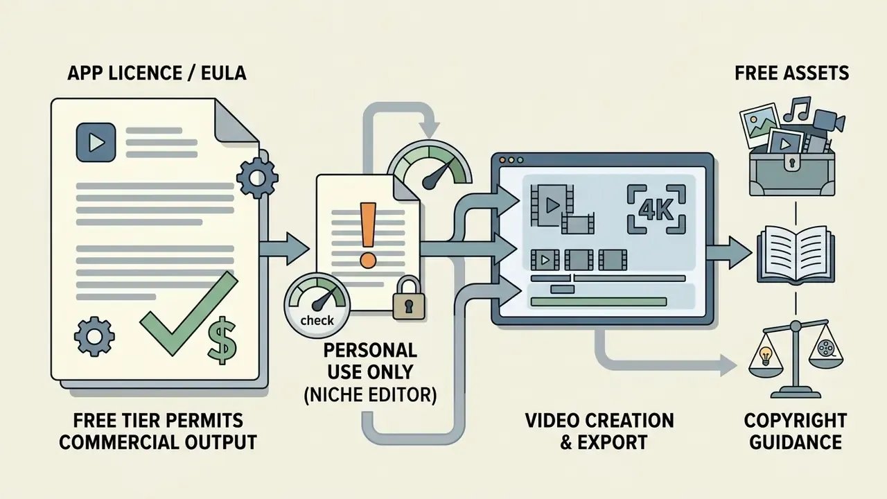 Document flow comparing commercial license terms with personal use restrictions for video editing apps