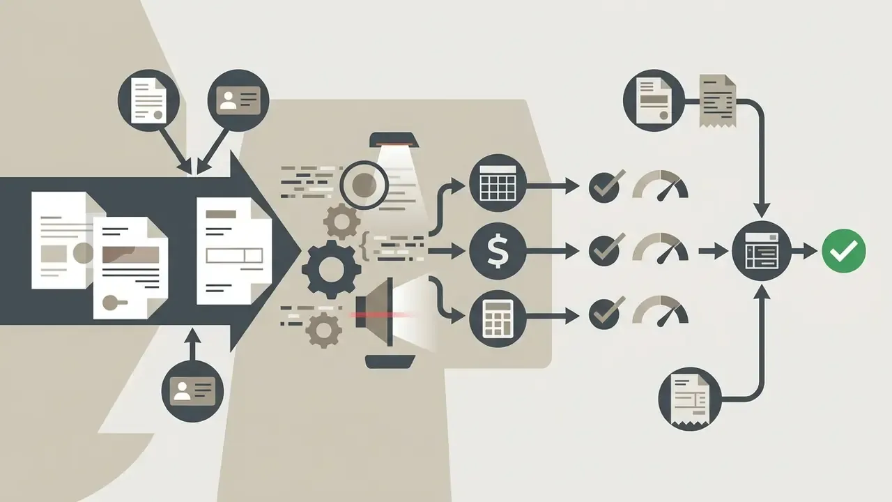 Invoices and identity cards processed by gears and analysis tools into verified financial data records
