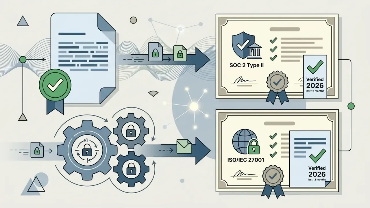 Icons of documents and gears feeding into SOC 2 and ISO 27001 compliance certification frames