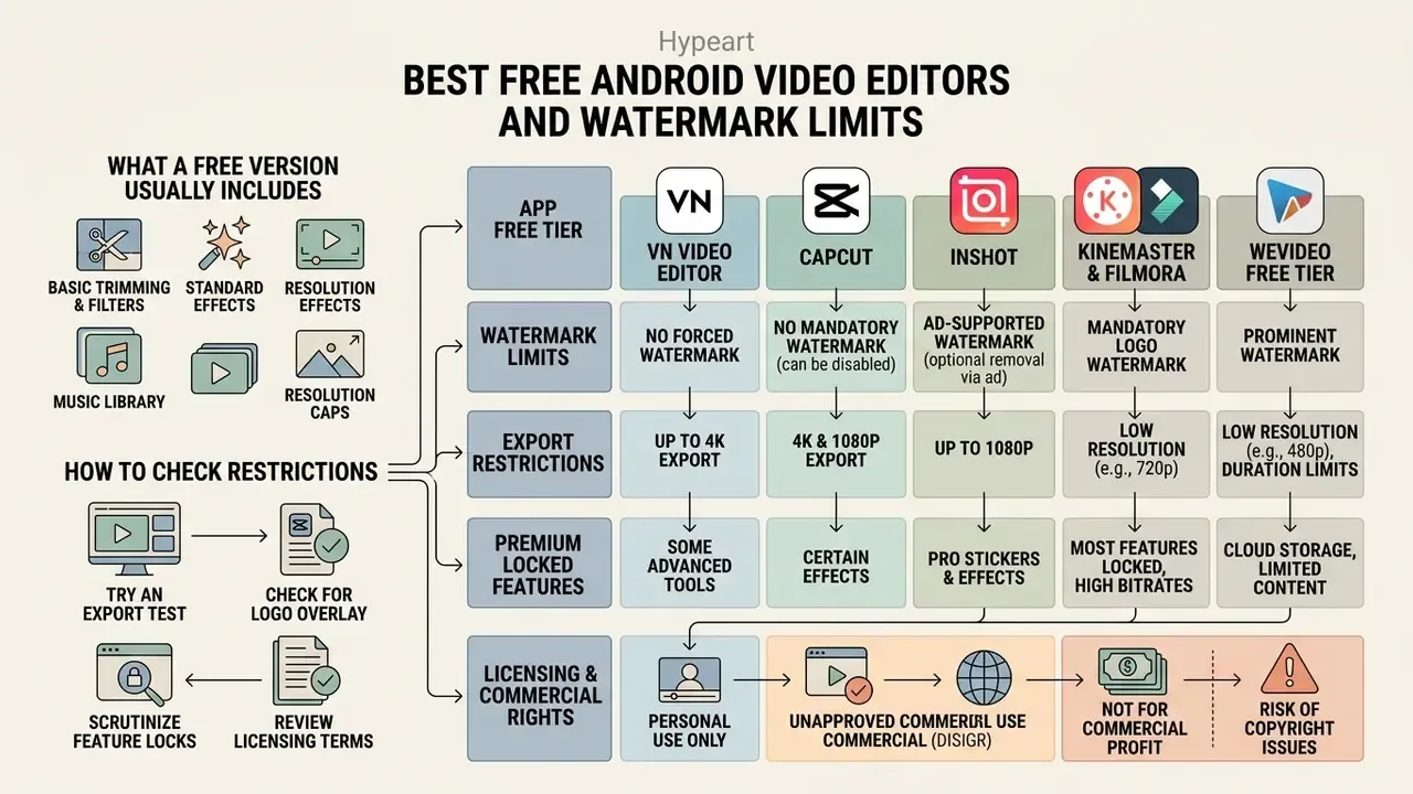 Comparison matrix detailing watermark policies, export resolutions, and licensing for mobile apps
