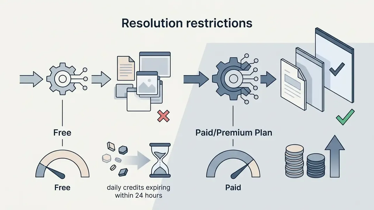 Comparison between free and paid subscription tiers showing resolution limits and daily credit systems