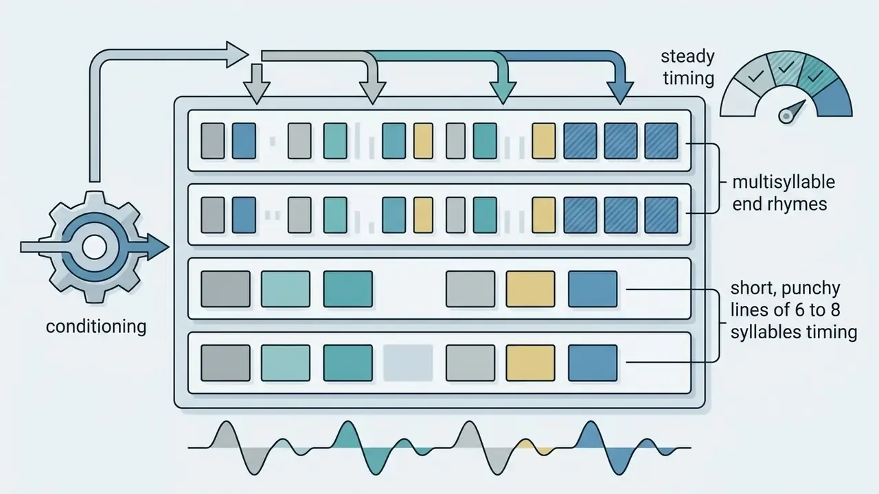 Gear icon feeding into rows of colored blocks and a gauge to demonstrate rhythmic lyric conditioning