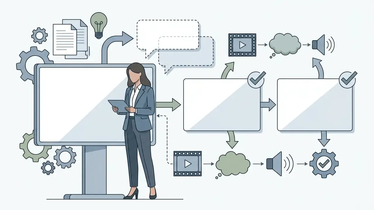 Businesswoman holding a tablet next to a screen with icons for content processing and media generation