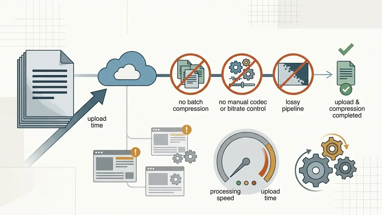 Flowchart showing file upload processing constraints including lack of batching and manual control