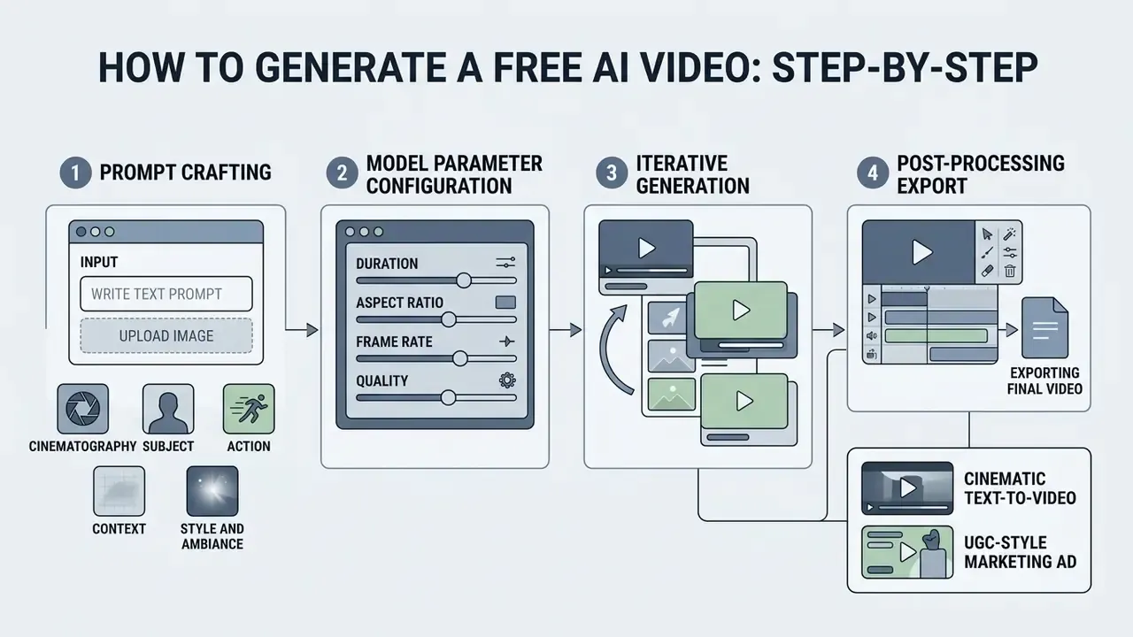 Four-stage workflow for creating videos, from prompt crafting and parameter settings to iterative editing