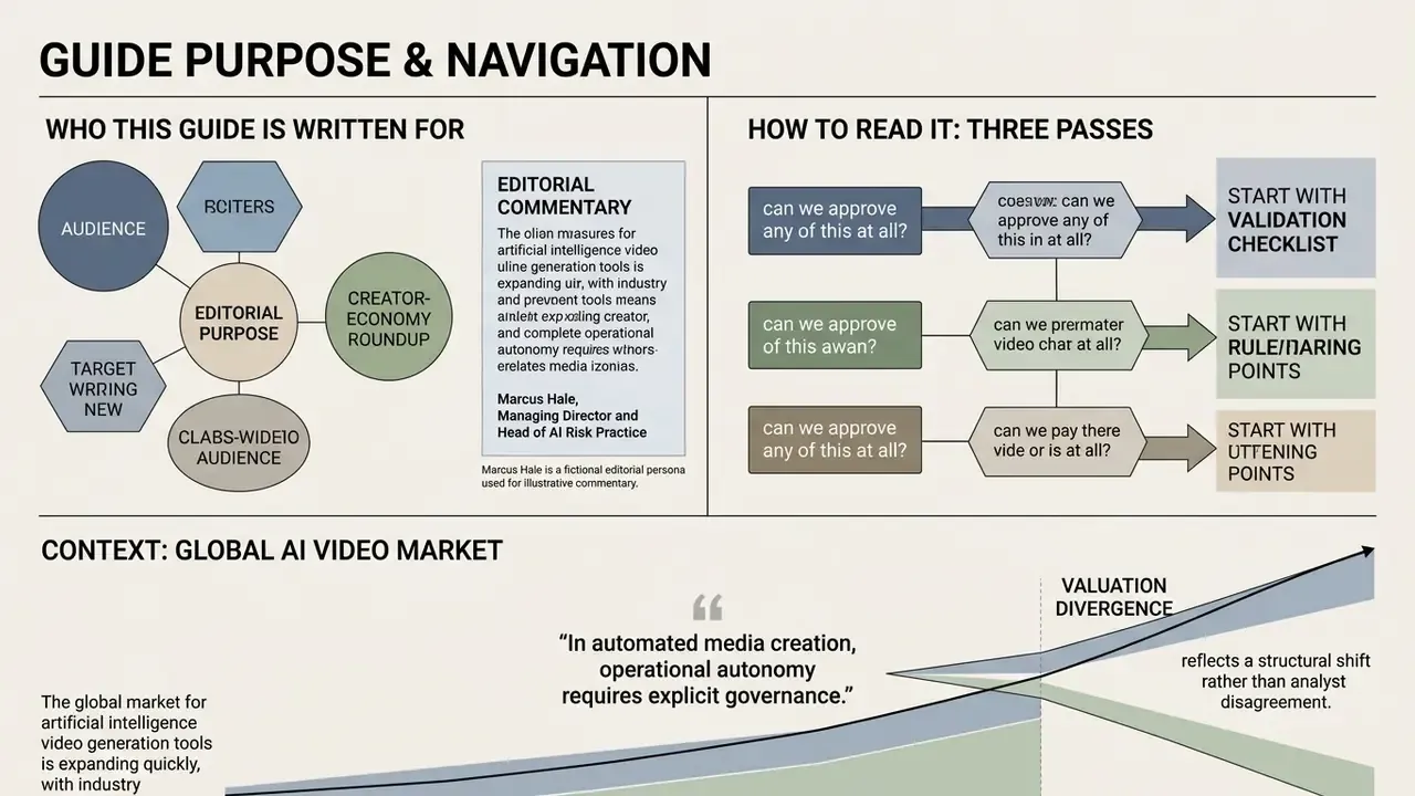 Flowchart showing how to navigate the guide through three reading passes and context on the AI video market