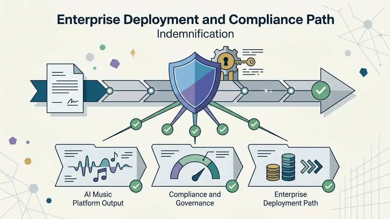 Contract document feeding into a central shield hub that connects to music output, governance, and deployment