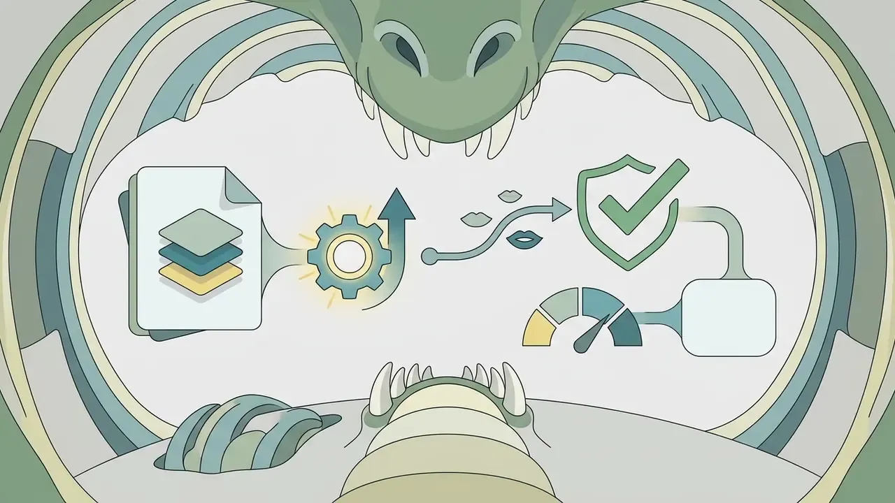 Document and gear icons flowing toward a shield and gauge inside the open maw of a stylized dragon