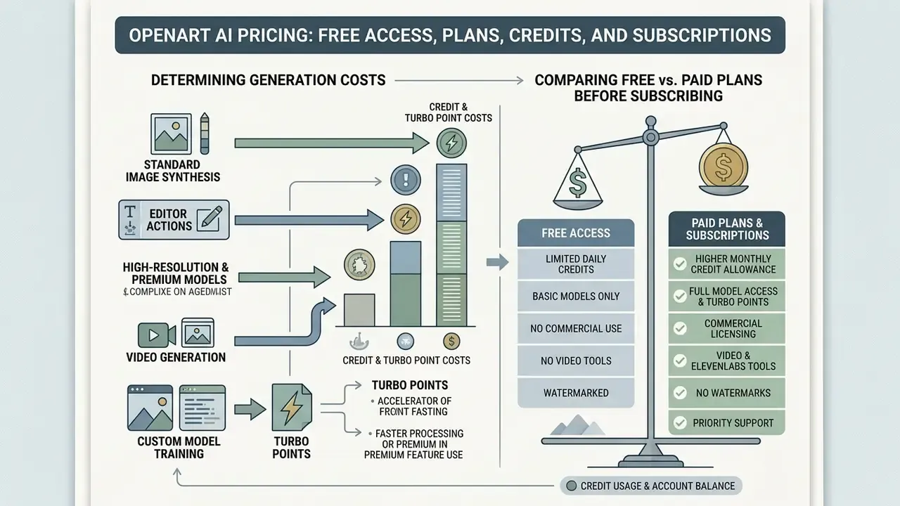 Chart detailing credit costs for various creative tasks alongside a comparison of free and paid plans