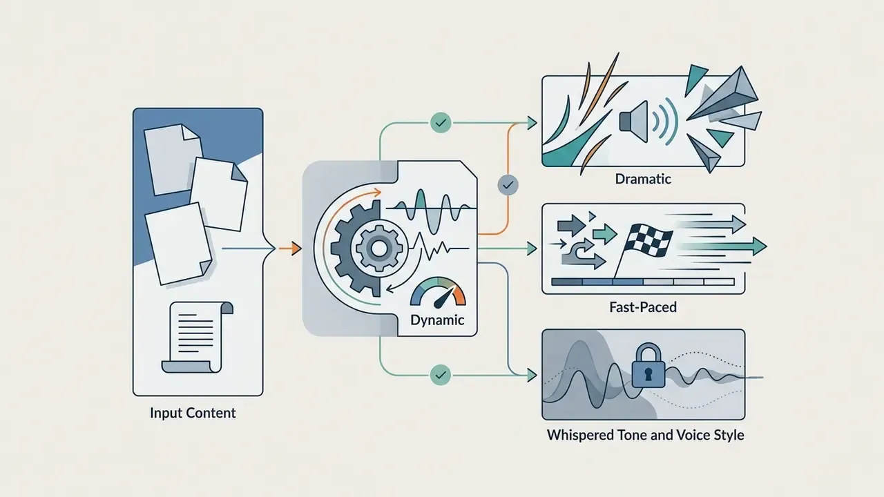 Flowchart showing input documents processed into dramatic, fast-paced, and whispered audio styles