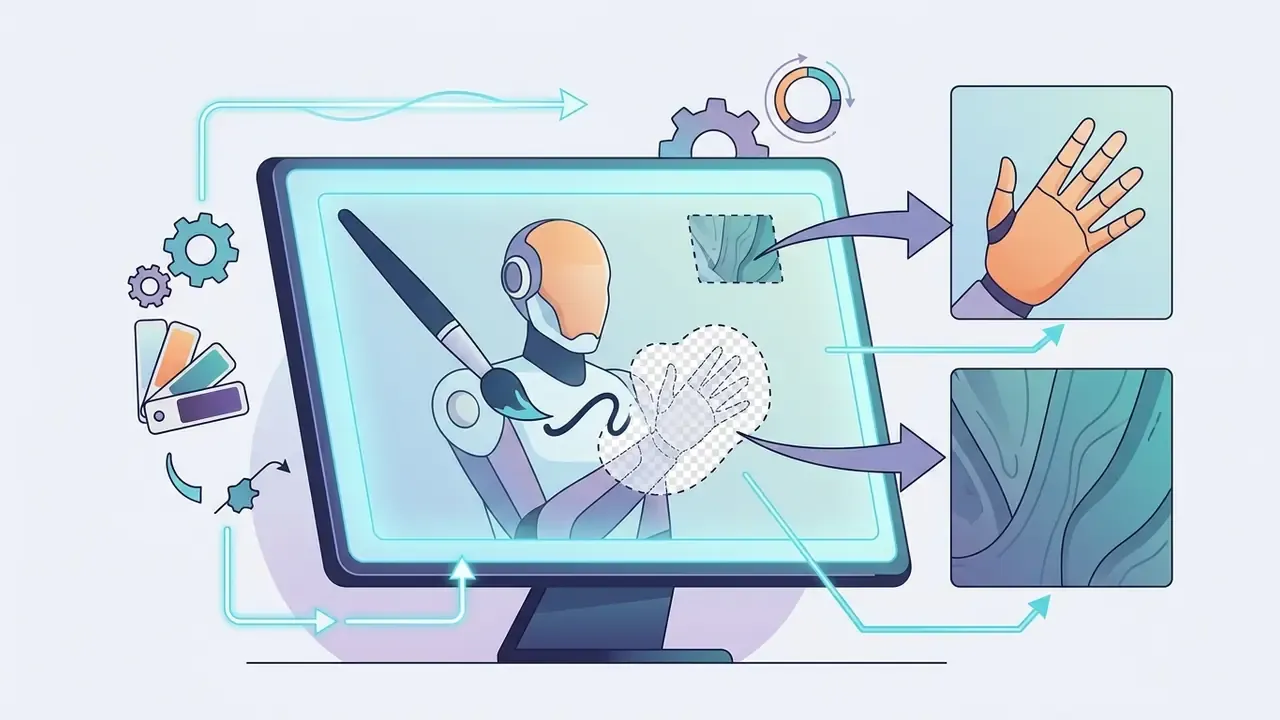 Computer monitor displaying a robot being edited with selection masks and arrows pointing to details