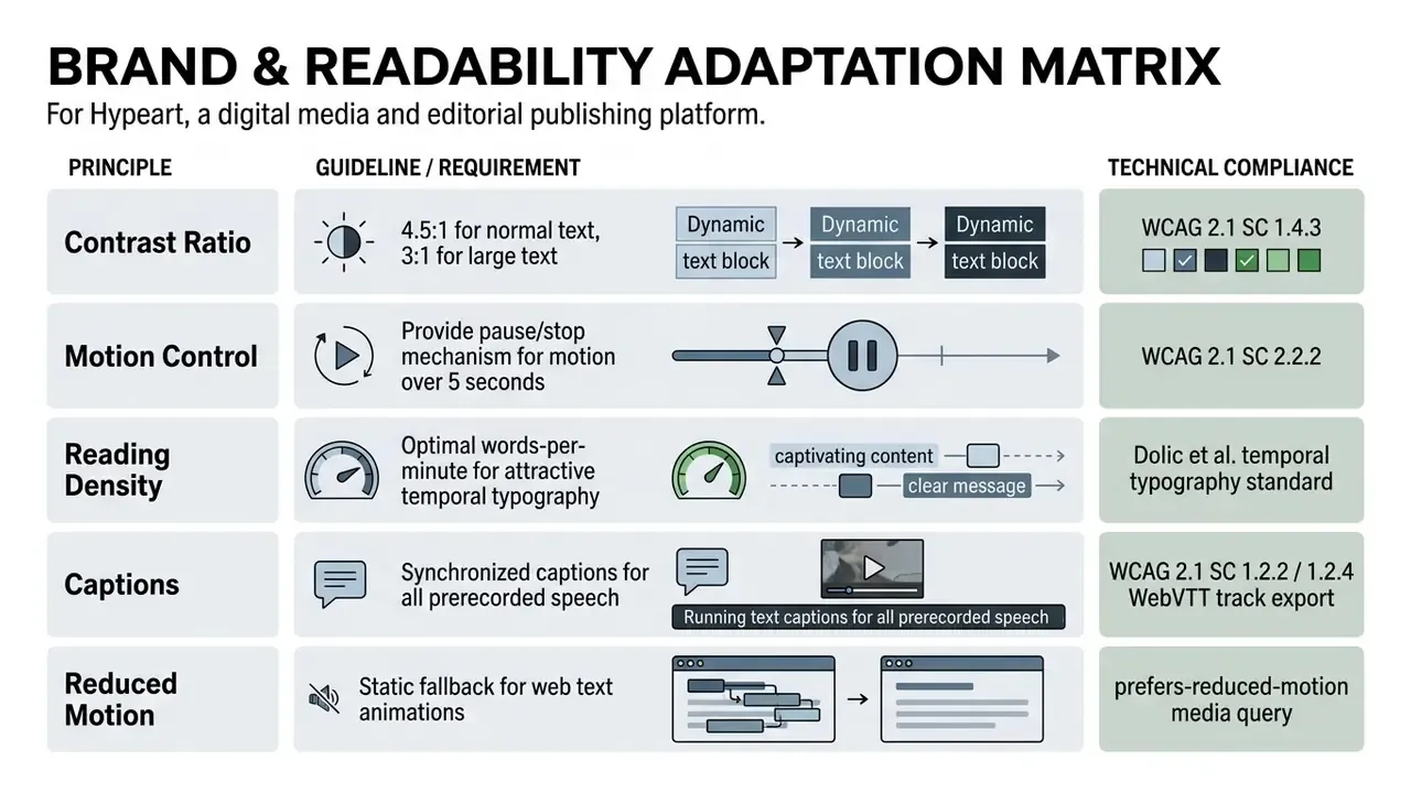 Matrix table outlining five accessibility principles for digital media with guidelines and requirements