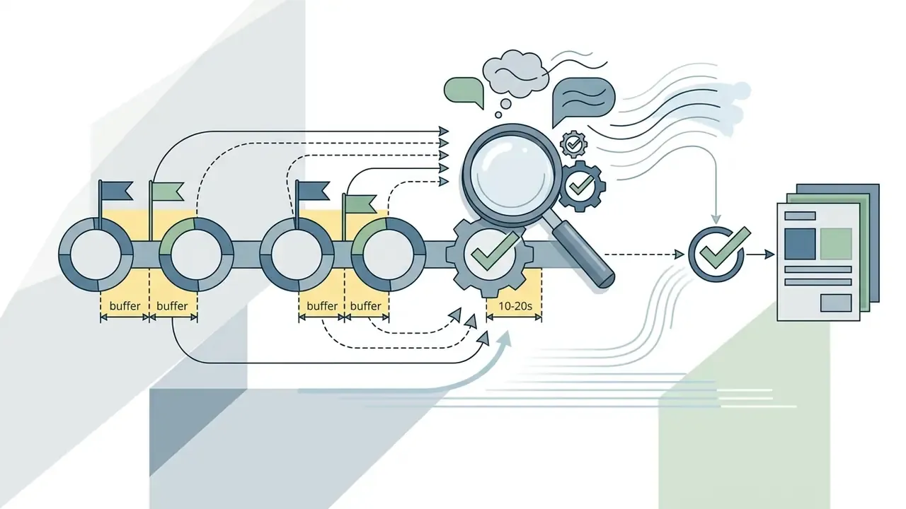 Timeline markers with buffer zones feeding into a magnifying glass and gear system to verify documents