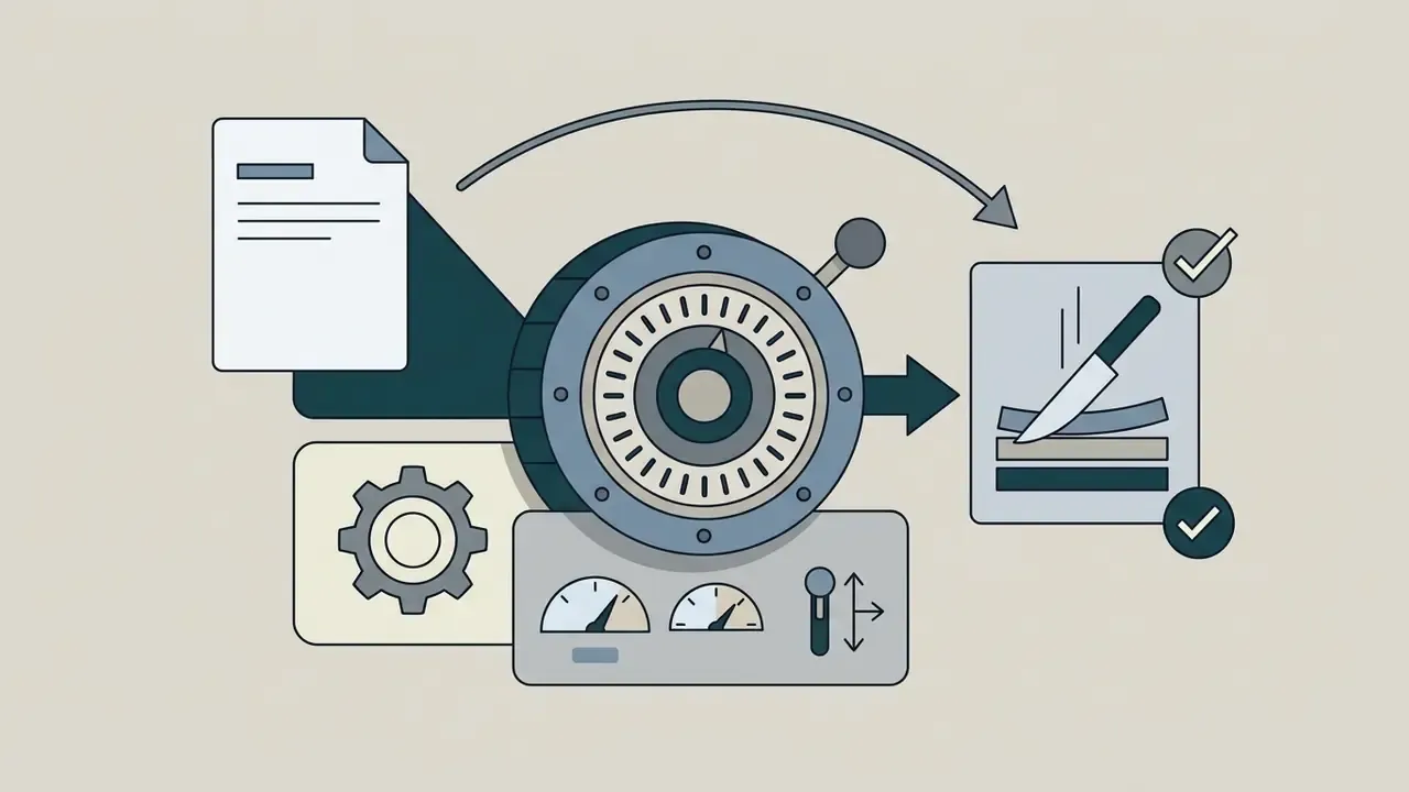 A control dial and gauges adjusting a document prompt to generate a video of a knife slicing food