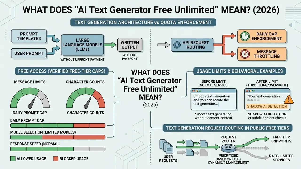 Flowchart explaining how an AI text generator free unlimited manages user prompts and usage constraints