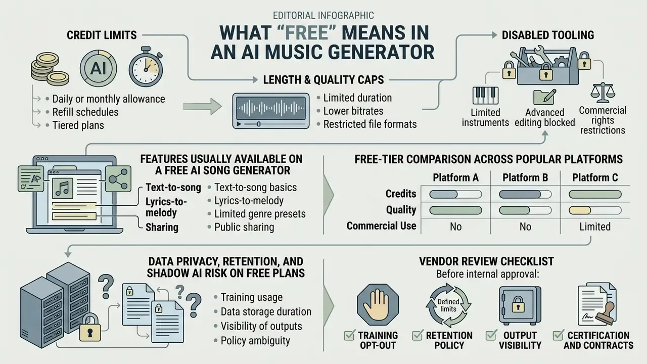 Infographic breaking down credit limits, feature restrictions, and data privacy risks of an AI song generator